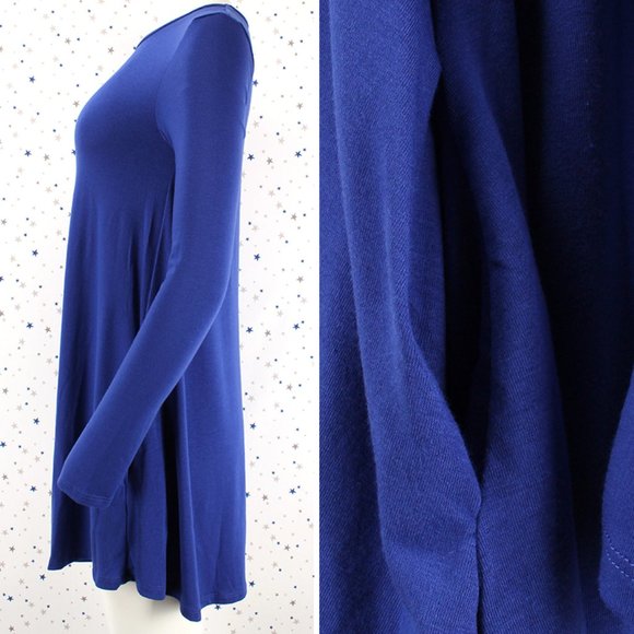 Royal Blue Long Sleeve Swing Dress w/ Side Pockets - Picture 3 of 9